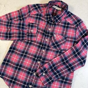 Abercrombie Kids Boys Button Down Shirt  7/8 Blue Pink Plaid Cotton Long Sleeve